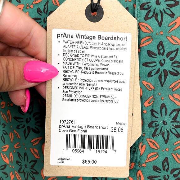 PRANA Men's Vintage Boardshort Size 38 Green Cove Geo Floral 6" Inseam Swim NWT - Picture 9 of 9